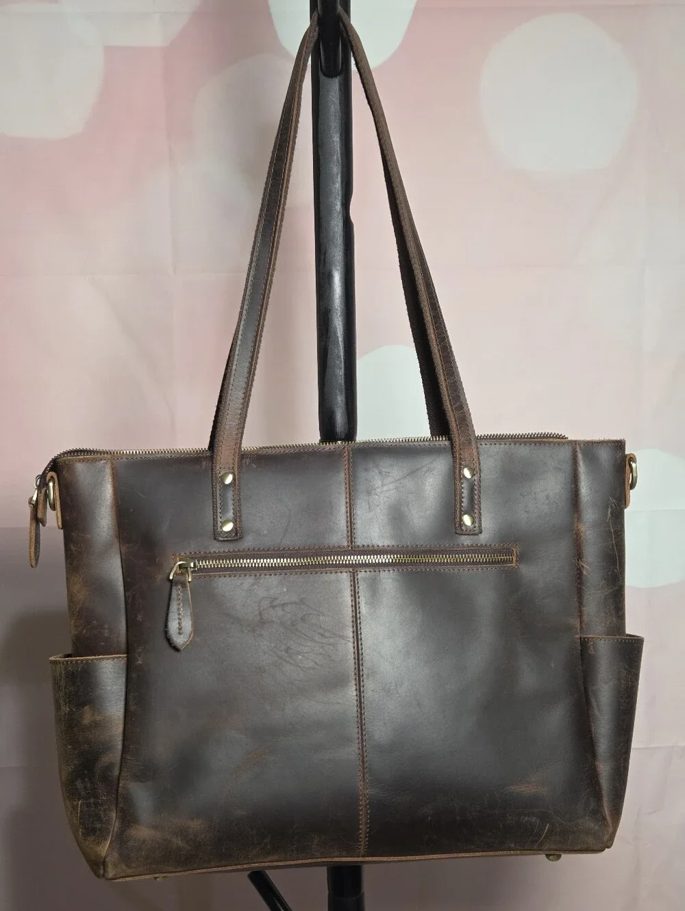 Brown Leather S Zone Tote Bag - Classic Work & Travel Carryall